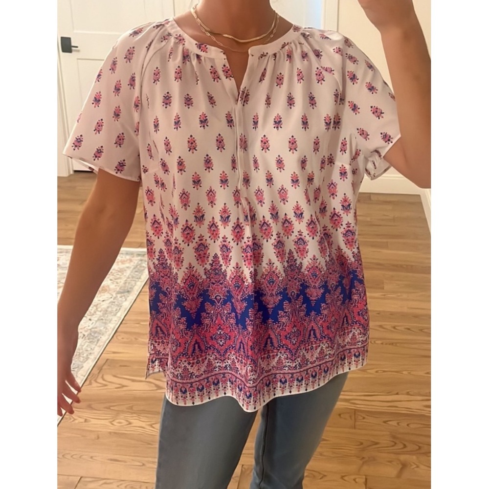 Talbots Womens Floral Paisley Blouse XL Petite White Boho‎ Short Sleeve V Neck